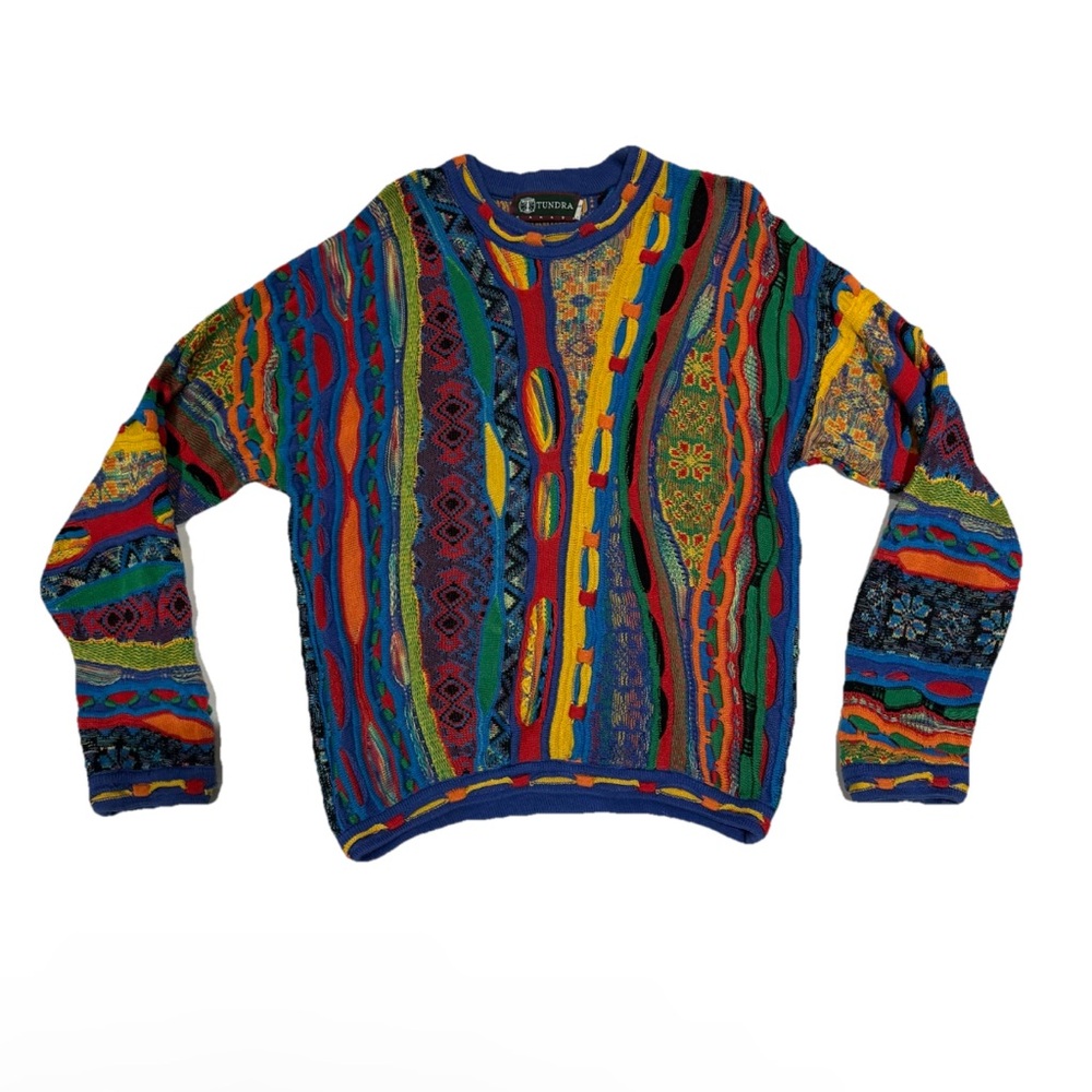 Vtg Tundra Canada Biggie Cosby Sweater Multicolor Rainbow 90s Size M